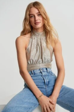 Gina Tricot Una Halterneck Top Beige/silver