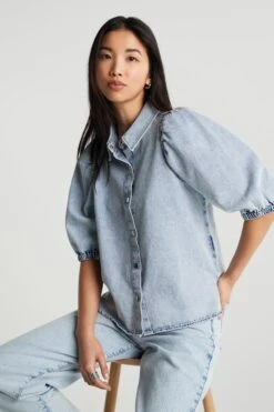Gina Tricot Puff Ss Denim Blouse Lt Blue