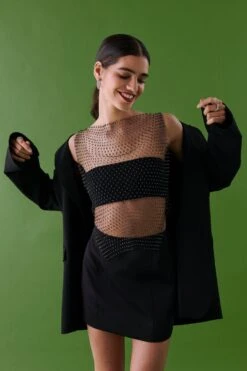 Gina Tricot Rhinestone Net Top Black