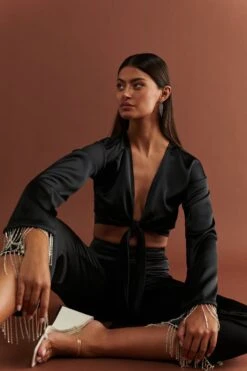 Gina Tricot Rhinestone Fringe Blouse Black