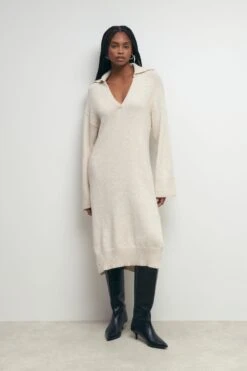 Gina Tricot V-neck Knitted Dress Beige Mel