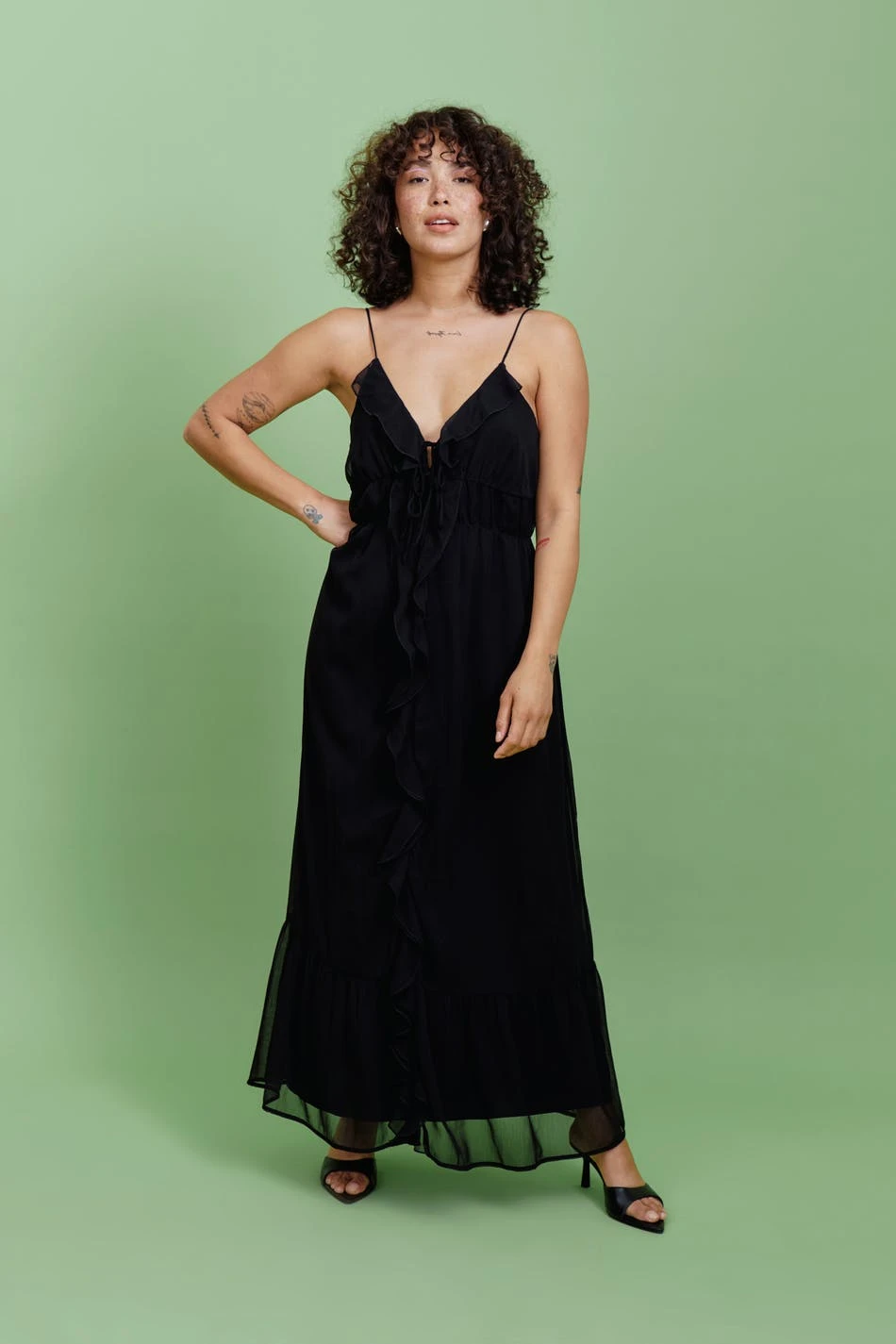 Gina Tricot Frill Chiffon Maxi Dress Black 1 Gina Tricot Frill Chiffon Maxi Dress Black