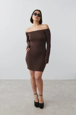 Gina Tricot Soft Touch Off Shoulder Dress Seal Brown
