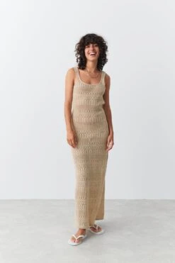 Gina Tricot Maxi Crochet Dress Beige