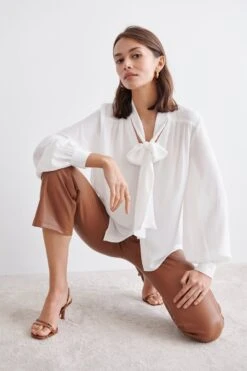 Gina Tricot Dolly Tie Neck Blouse Offwhite